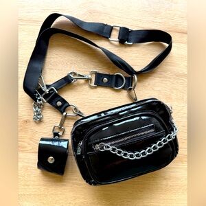 Black Patent Leather Crossbody Bag with Chain Details